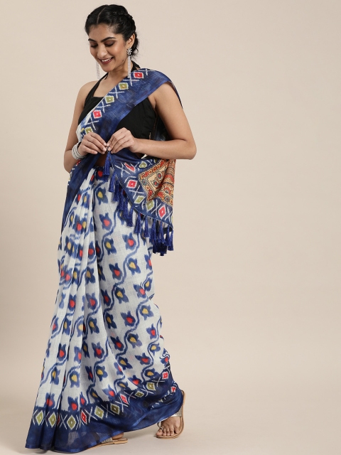 

VASTRANAND White & Blue Linen Blend Printed Ikat Saree