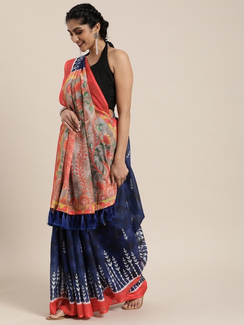 

VASTRANAND Blue & Red Linen Blend Printed Ikat Saree