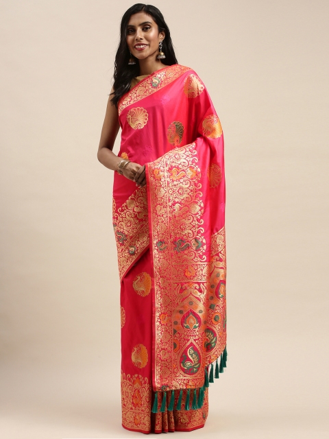 

VASTRANAND Pink & Gold-Toned Silk Blend Woven Design Kanjeevaram Saree