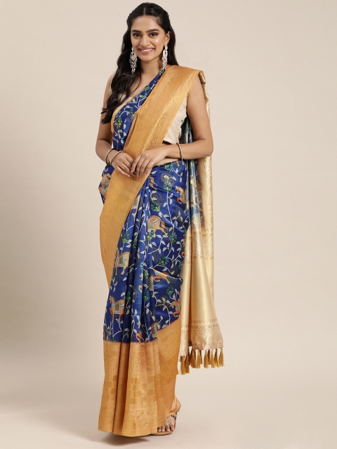 

VASTRANAND Blue Silk Blend Printed Banarasi Saree