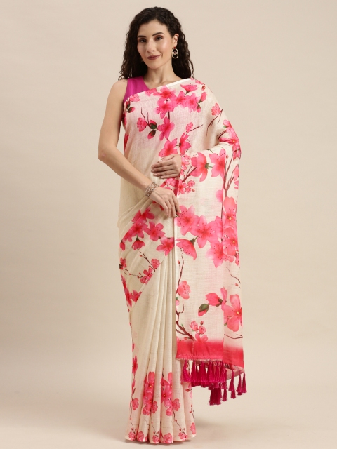 

VASTRANAND Off-White & Pink Linen Blend Floral Printed Saree