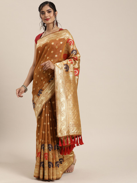 

VASTRANAND Brown & Gold-Coloured Cotton Blend Woven Design Banarasi Saree