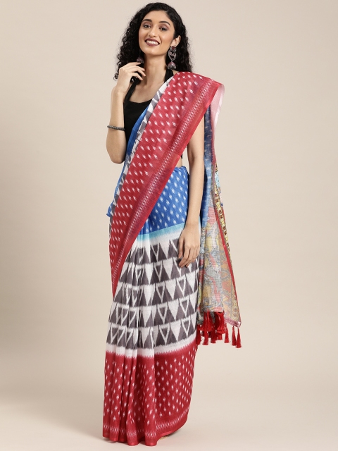 

VASTRANAND Blue & White Linen Blend Printed Ikat Saree