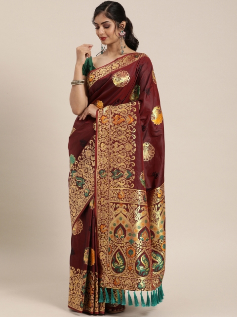 

VASTRANAND Maroon Silk Blend Woven Design Kanjeevaram Saree