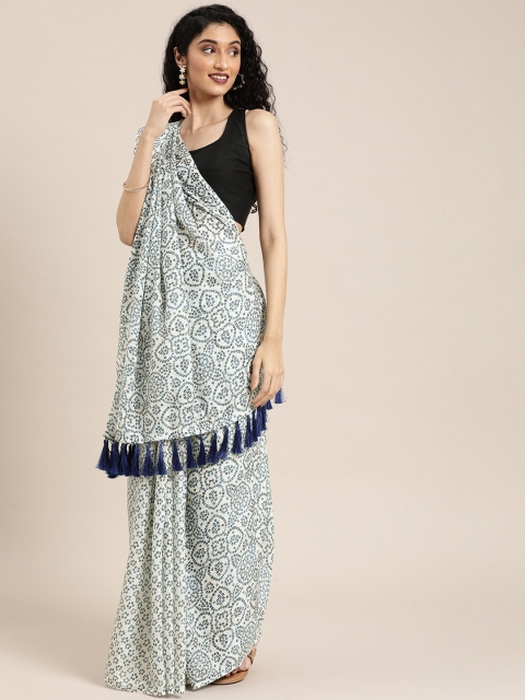 

VASTRANAND White & Blue Linen Blend Printed Bandhani Saree
