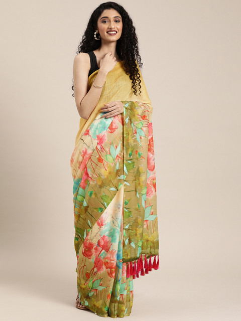 

VASTRANAND Cream-Coloured & Green Linen Blend Printed Saree