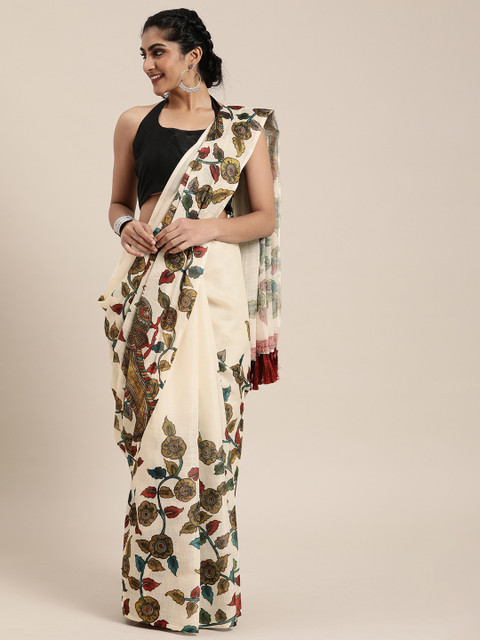 

VASTRANAND Off-White & Olive Green Linen Blend Kalamkari Printed Saree