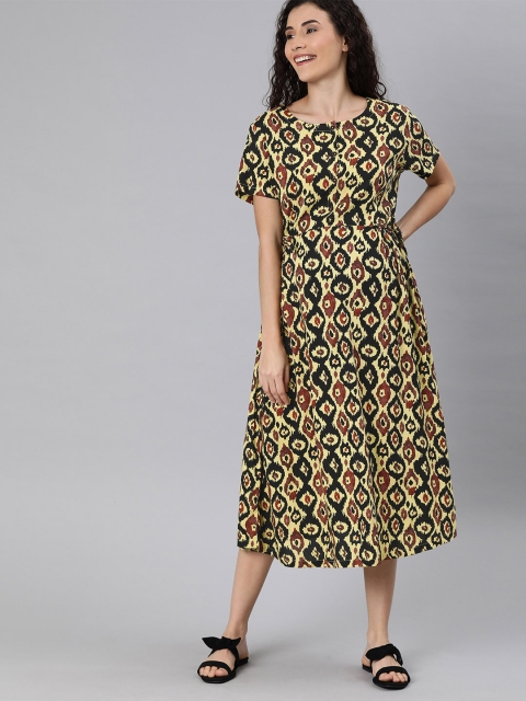 

Nejo Women Yellow & Black Printed A-Line Maternity Dress With Front Nursing Access