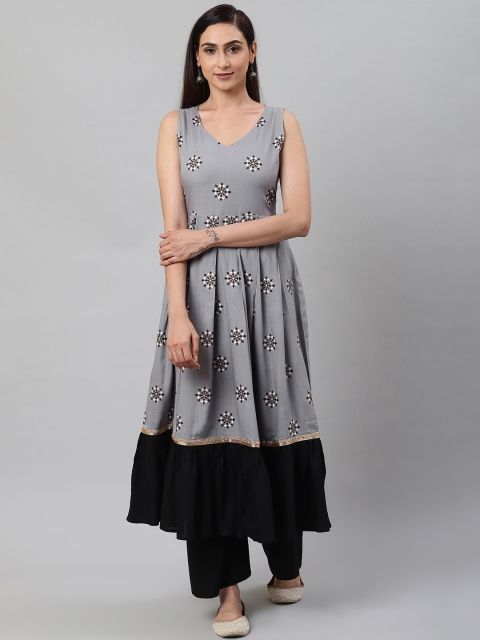 

SIAH Women Grey & Black Floral Printed A-Line Kurta
