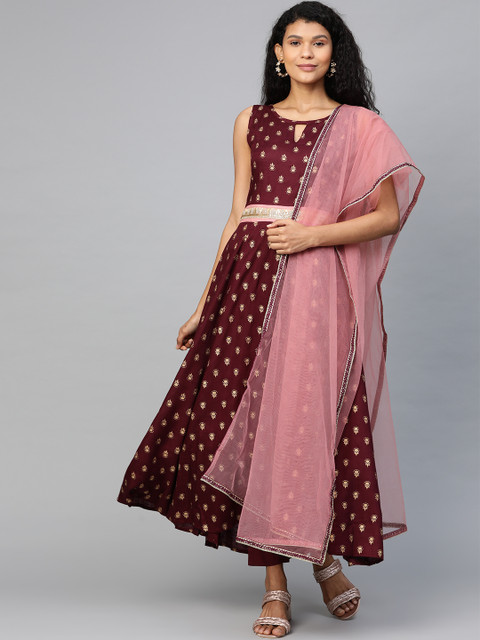 

SIAH Women Burgundy & Golden Printed Kurta with Trousers & Dupatta, Maroon