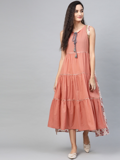 

SIAH Women Off-White & Peach-Coloured Printed A-Line Dress With Jacket