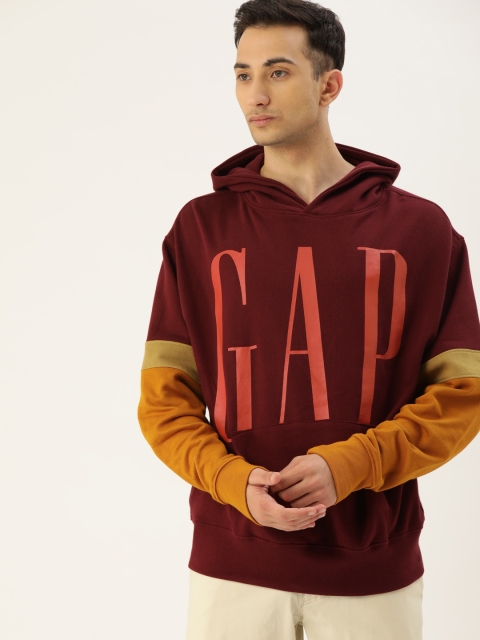 

GAP Men Maroon & Mustard Colourblocked Hooded Sweatshirt