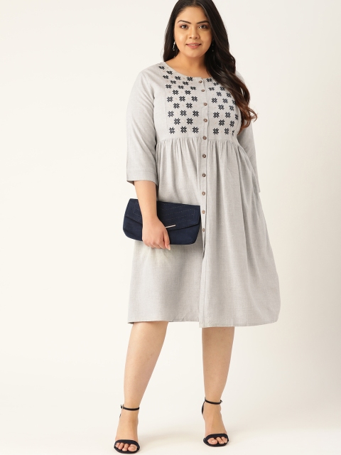 

Sztori Women Plus Size Grey & Navy Blue Pure Cotton Embroidered A-Line Dress