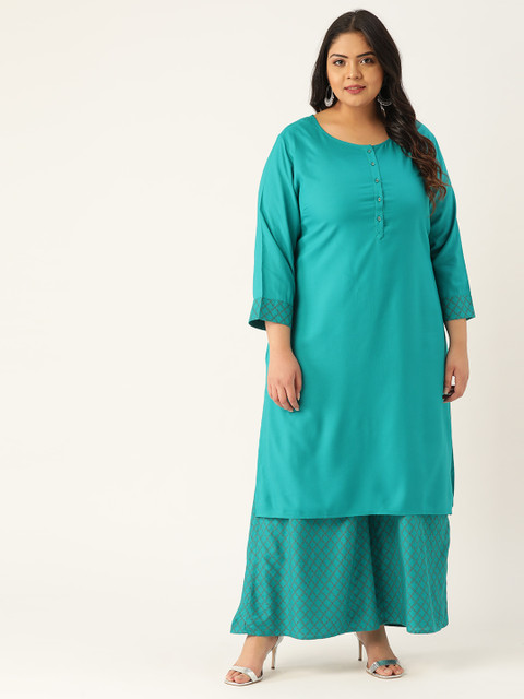 

Sztori Women Plus Size Teal & Brown Solid Kurta with Palazzos