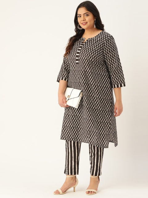 

Sztori Women Plus Size Black & White Pure Cotton Printed Kurta with Trousers