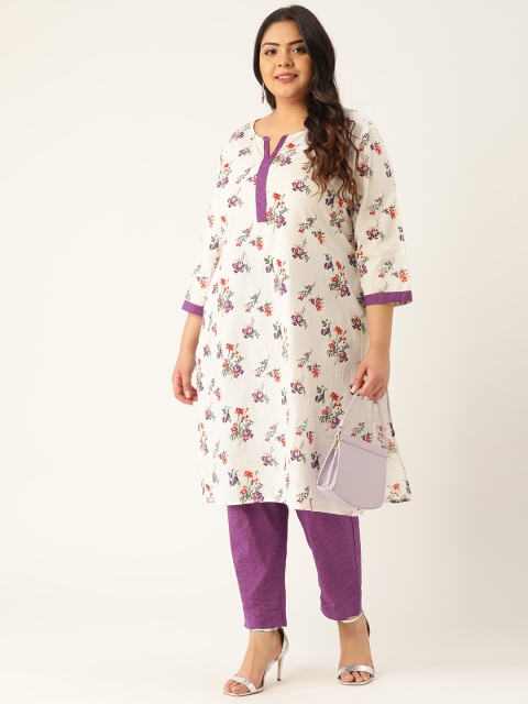 

Sztori Women Plus Size White & Purple Floral Printed Kurta with Trousers