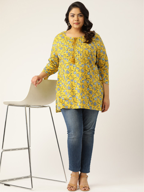 

Sztori Women Mustard Yellow & Blue Floral Print A-Line Kurti
