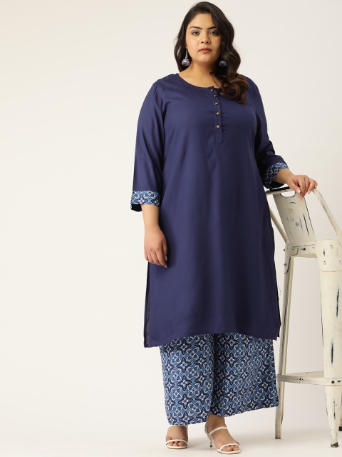 

Sztori Women Navy Blue & White Solid Kurta with Palazzos