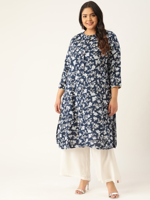 

Sztori Women Plus Size Navy Blue & Off-White Floral Print A-Line Kurta