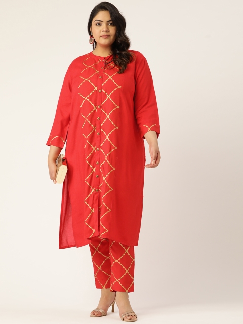 

Sztori Women Plus Size Red & Golden Printed Kurta with Trousers