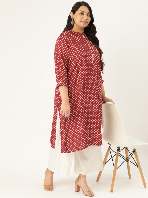 

Sztori Women Plus Size Rust Red & Off-White Printed Straight Kurta