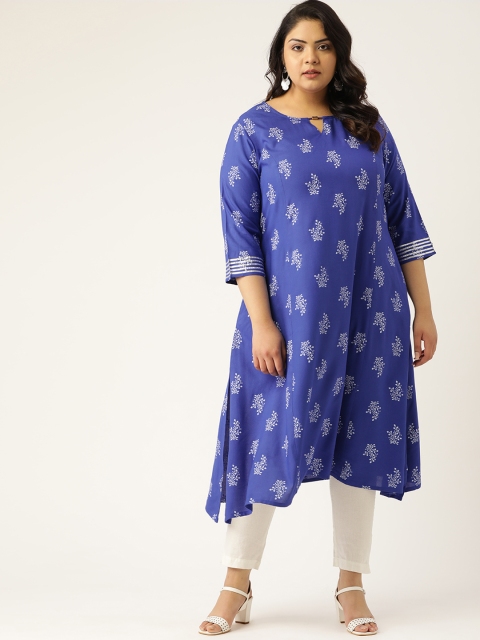 

Sztori Women Plus Size Blue & White Printed Asymmetric A-Line Kurta