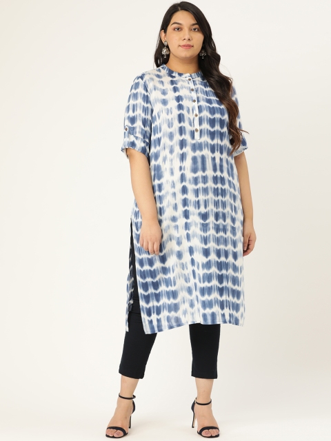 

Sztori Women Plus Size White & Blue Dyed Straight Kurta