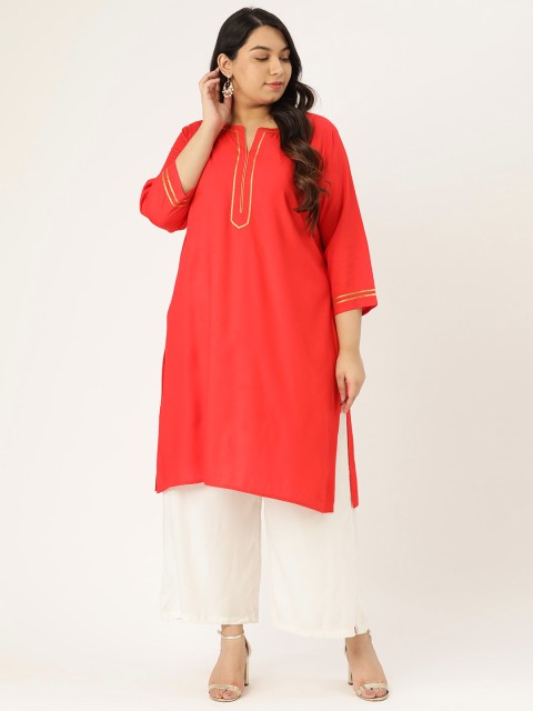 

Sztori Women Plus Size Red Solid Straight Kurta with Gotta Patti Work