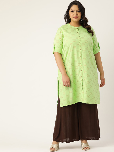 

Sztori Women Plus Size Green & Golden Printed Straight Kurta