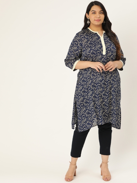 

Sztori Women Plus Size Navy Blue & Off-White Printed Straight Kurta