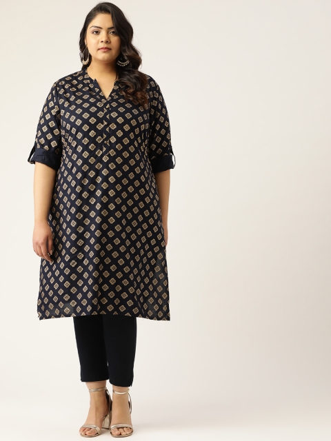 

Sztori Women Plus Size Navy Blue & Golden Printed Straight Kurta