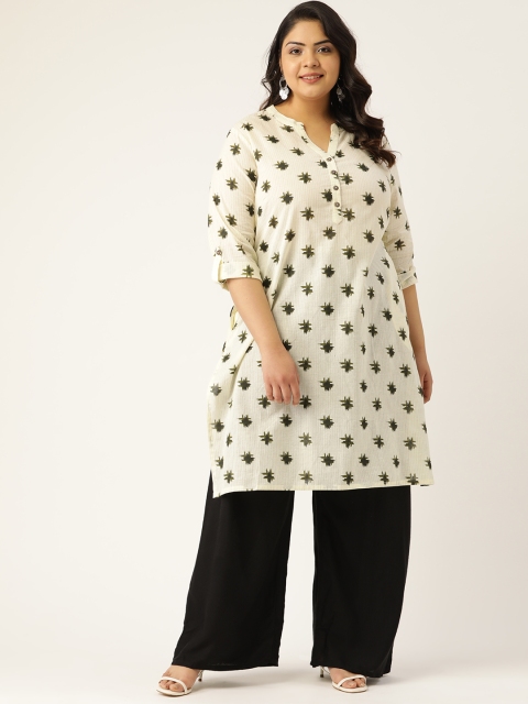 

Sztori Women Plus Size Cream-Coloured & Olive Green Printed Pure Cotton Straight Kurta
