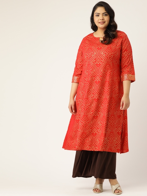 

Sztori Women Plus Size Red & Golden Bandhani Printed A-Line Kurta