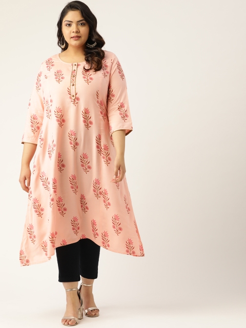 

Sztori Women Plus Size Pink & Golden Printed Asymmetric A-Line Kurta