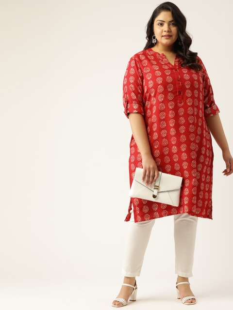 

Sztori Women Plus Size Red & Beige Printed Pure Cotton Kurta