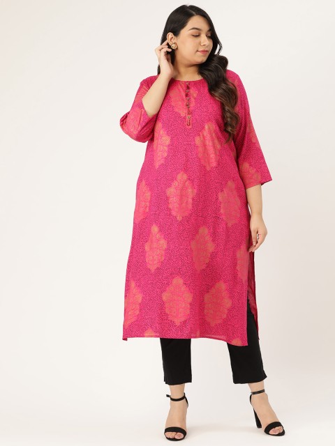 

Sztori Women Plus Size Pink & Golden Ethnic Motifs Print Straight Kurta