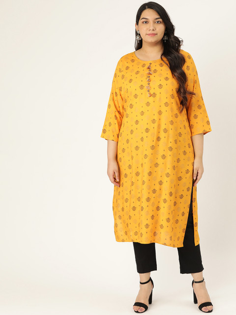 

Sztori Women Plus Size Mustard Yellow & Black Printed Straight Kurta