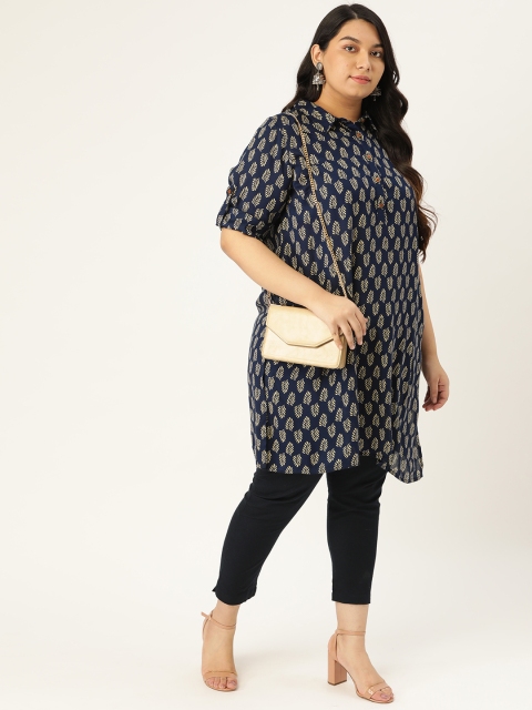 

Sztori Women Plus Size Navy Blue & Cream-Coloured Printed Asymmetric Straight Kurta