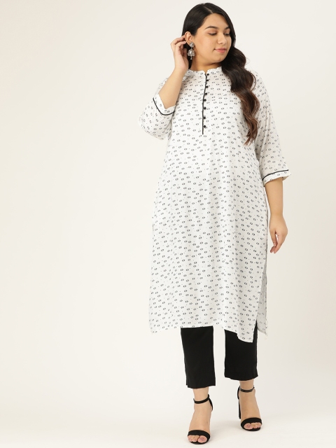 

Sztori Women Plus Size White & Charcoal Grey Printed Straight Kurta