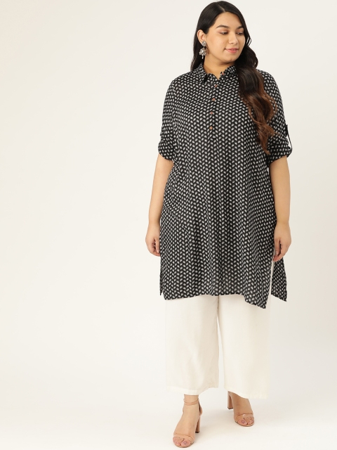 

Sztori Women Plus Size Black & Off-White Printed Straight Kurta
