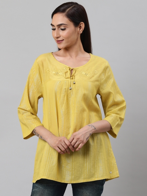 

I AM FOR YOU Women Yellow Embroidered A-Line Pure Cotton Top