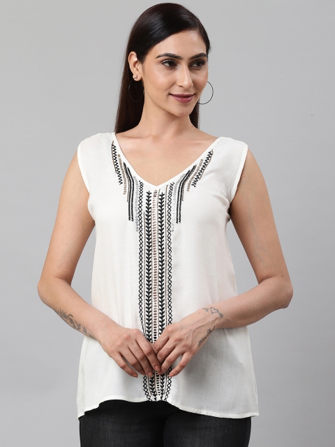 

I AM FOR YOU Women Off-White Embroidered Styled Back Top