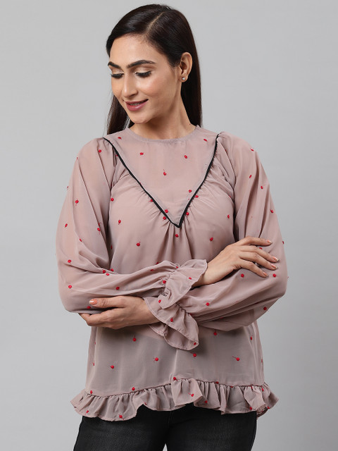

I AM FOR YOU Women Taupe & Red Embroidered Blouson Top