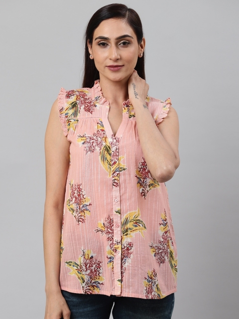 

I AM FOR YOU Women Pink Floral Printed A-Line Pure Cotton Top
