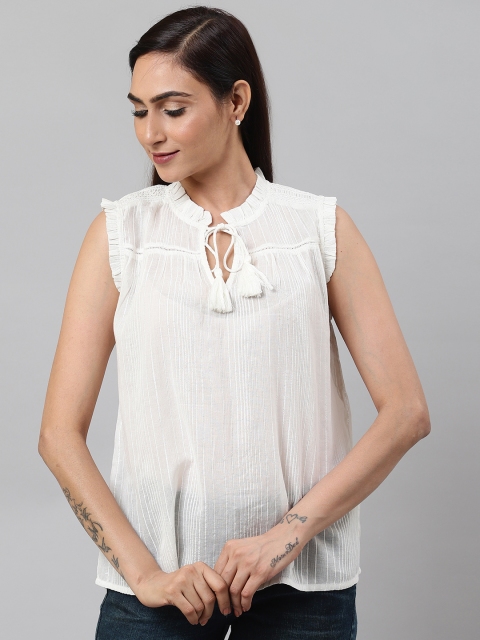 

I AM FOR YOU Women White Self Design A-Line Pure Cotton Top