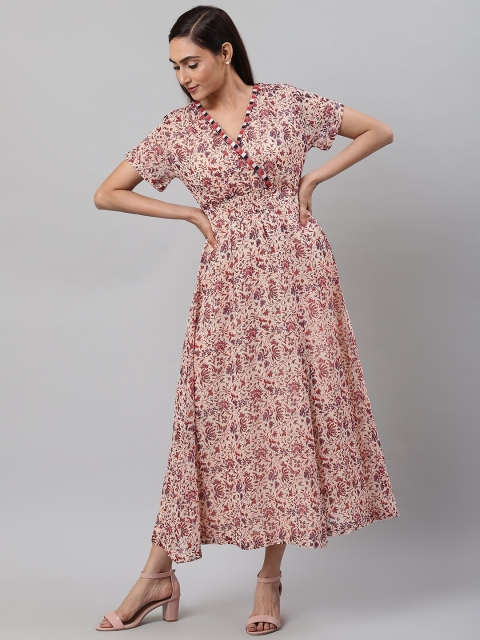 

I AM FOR YOU Women Peach-Coloured & Red Floral Print Fit and Flare Dress