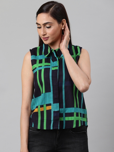 

I AM FOR YOU Women Navy Blue & Green Regular Fit Geometric Printed Casual Shirt
