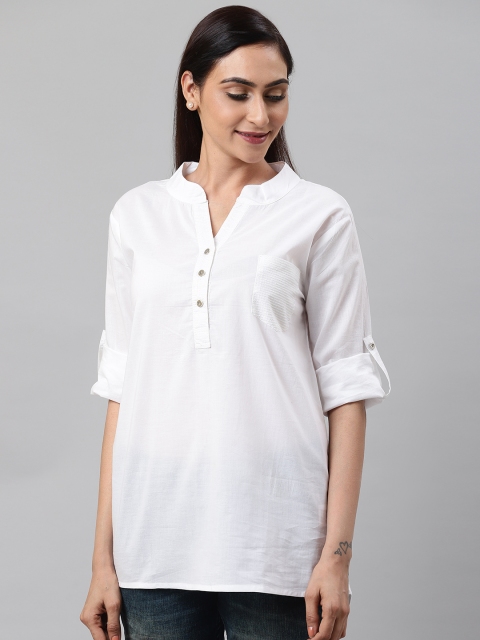 

I AM FOR YOU Women White Solid High-Low Pure Cotton Top