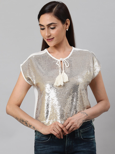 

I AM FOR YOU Women White Embellished High-Low Top