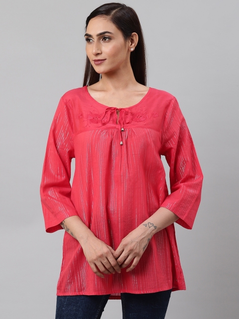 

I AM FOR YOU Women Coral Striped A-Line Pure Cotton Top
